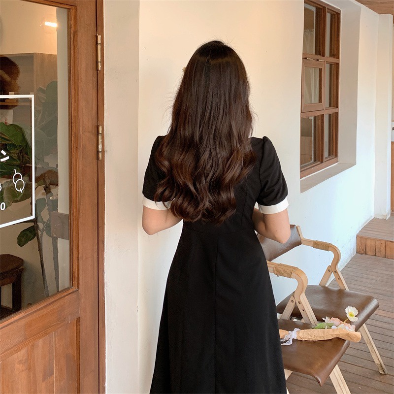Váy đầm xanh đen cổ trắng cúc ngực dáng dài thanh lịch cho nữ phong cách Hàn Quốc