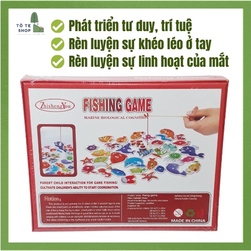 Bộ câu cá nam châm 32 con bằng gỗ, vừa chơi vừa học từ vựng tiếng Anh thông qua tên các loài cá.