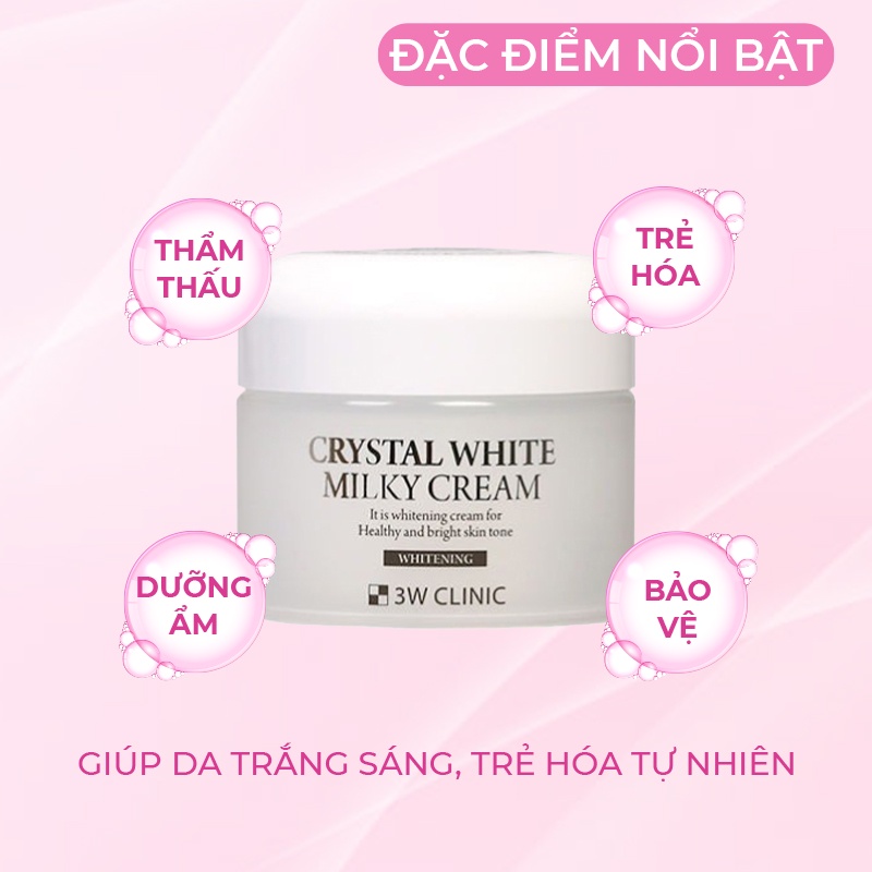 Kem Trắng Da Kim Cương Nâng Tone 3W Clinic Hàn Quốc Crystal White Milky Cream Giúp Da Trắng Sáng Giảm Nếp Nhăn 50ML