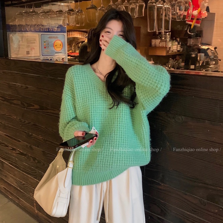 Áo Sweater Dệt Kim Cổ Chữ V Dáng Rộng Thời Trang Mùa Đông Cao Cấp Cho Nữ