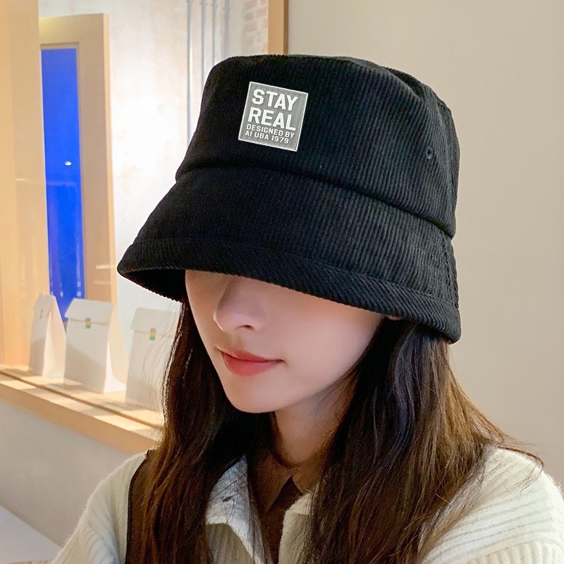 Mũ bucket vành cụp thêu chữ STAY REAL chất nhung tăm cao cấp form unisex nam nữ hazi