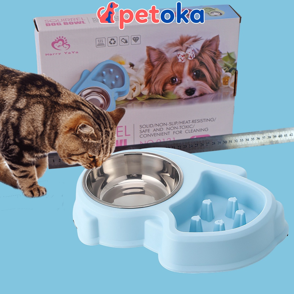 Bát ăn cho chó mèo nghẹn chống sặc hai ngăn bằng nhựa và inox Petoka