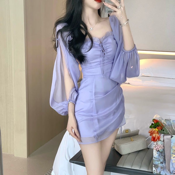 2022 Chiếc Váy Mới✨✨Đầm Chiffon Dáng Ngắn Màu Tím Trẻ Trung Xinh Xắn Dành Cho Nữ