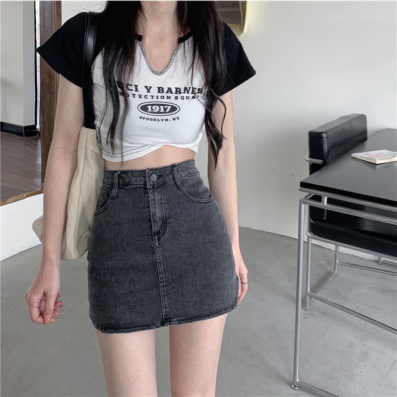 Chân váy IELGY vải jean lưng cao dáng chữ A phong cách Hàn Quốc dành cho nữ