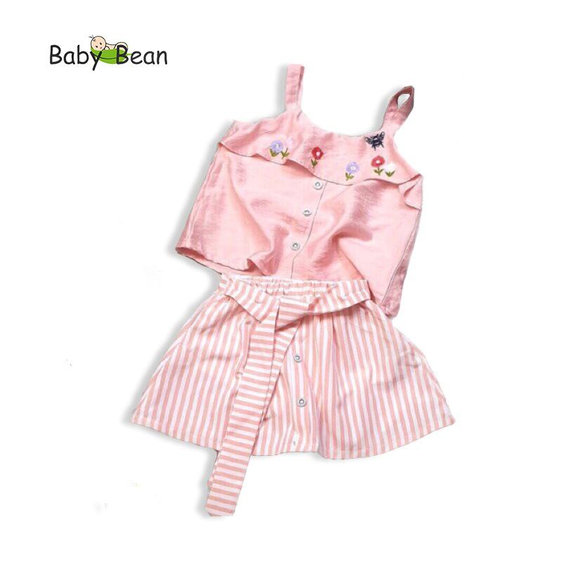 Bộ Váy Sọc Áo Đũi Tơ phối Bèo thêu Hoa bé gái BabyBean