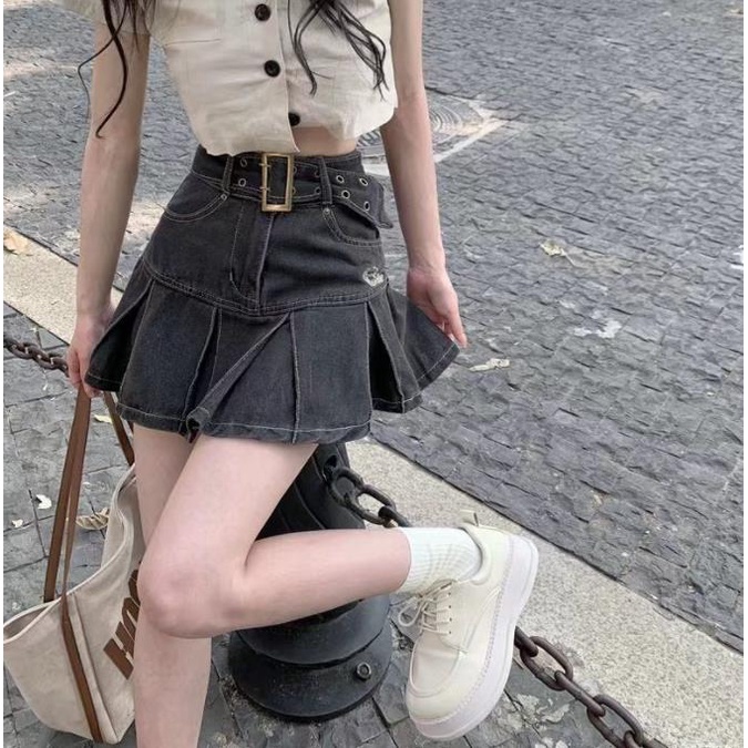 Jiashucheng Chân Váy Denim Lưng Cao Xếp Ly Phong Cách Retro Mỹ