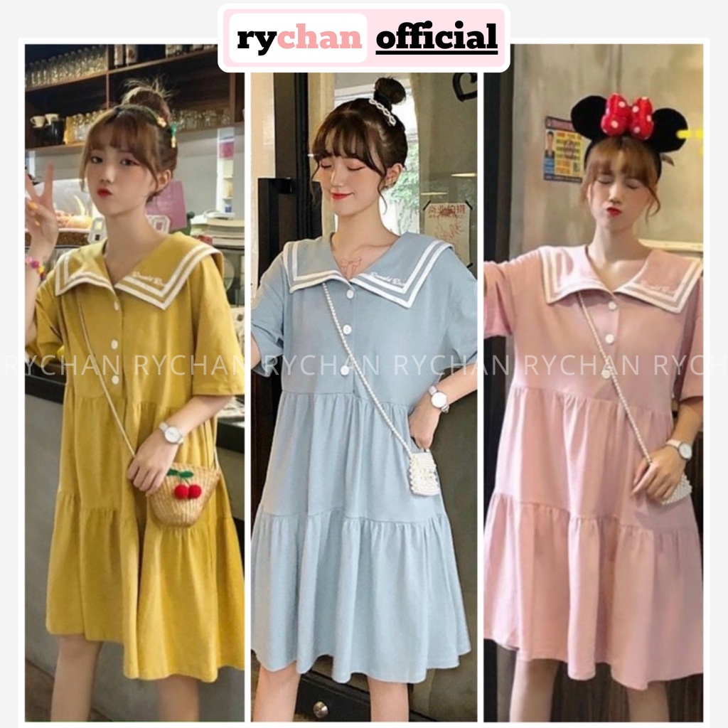 Đầm Babydoll Thủy Thủ Nhún Tầng Dễ Thương Ulzzang, Đầm Xòe Form Rộng Cute Cổ Peter Pan Màu Hồng Vàng Xanh - DX9956