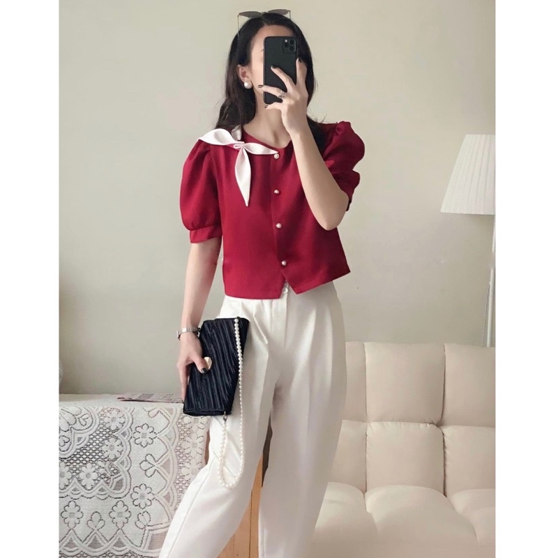 Áo sơ mi kiểu hàn quốc trẻ trung xếp bốn cánh hoa chất liệu trượt hàn mềm mịn không nhăn nhàu A81