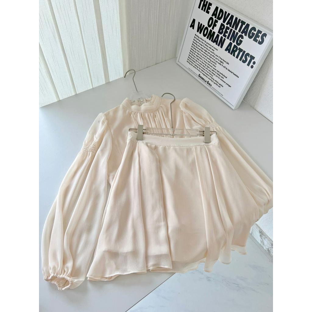 Bộ Áo Sơ Mi Dài Tay Màu Sắc Trơn Phối Chân Váy Chữ A Thời Trang Sành Điệu 624