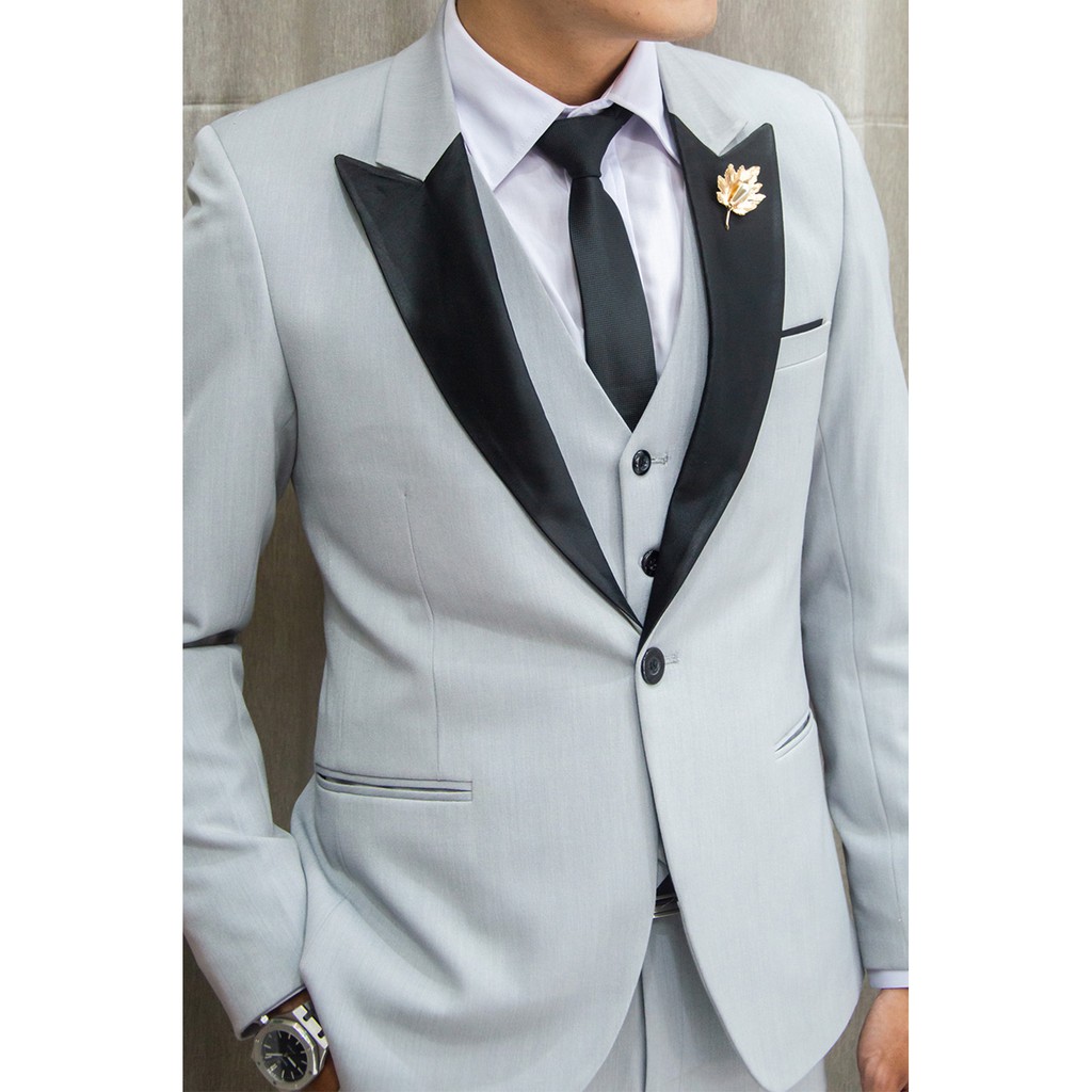 Bộ vest nam và gile sơ mi ôm body màu xám cổ ve ngóc phi đen