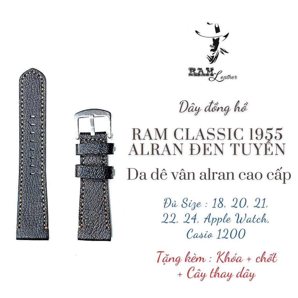 Dây đồng hồ RAM Leather vintage 1955 da dê đen tuyền vân alran tự nhiên