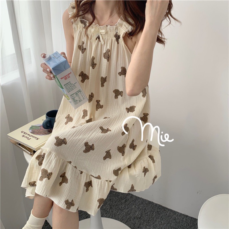 VÁY NGỦ 2 DÂY MẶC NHÀ HOẠ TIẾT GẤU CUTE MIE LOVE