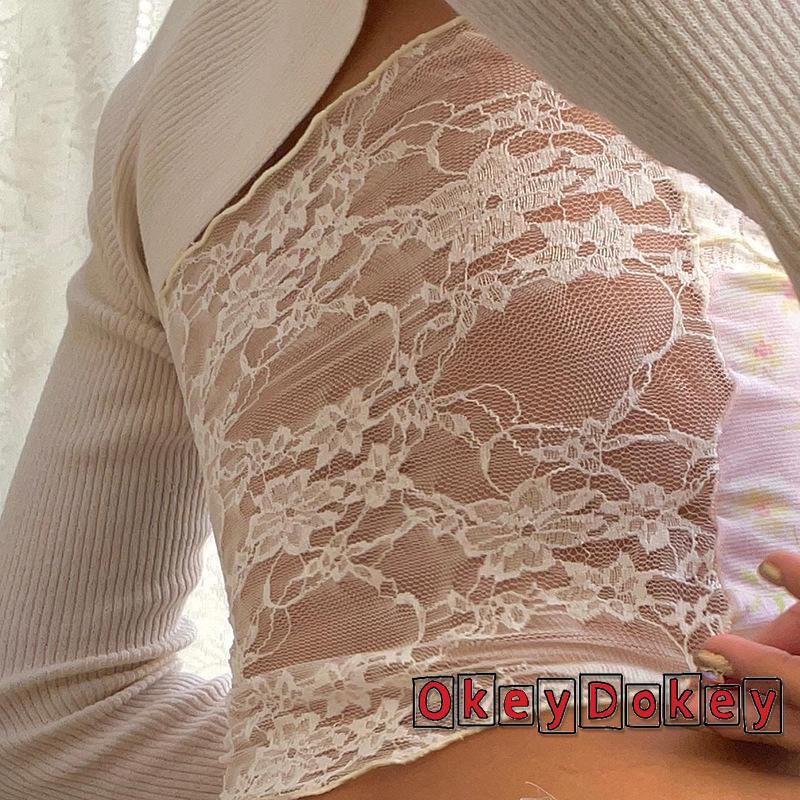 OKDK-Women Sexy Tube Tops Flower Print Lace Patchwork Strapless Off Shoulder Cropped Tank Tops