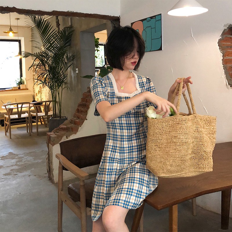 Xiaozhainv Đầm tay phồng ngắn cổ vuông họa tiết sọc caro thời trang Hàn Quốc dành cho bạn nữ | BigBuy360 - bigbuy360.vn