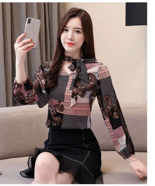 Áo sơ mi nữ hoạ tiết -áo voan cột nơ