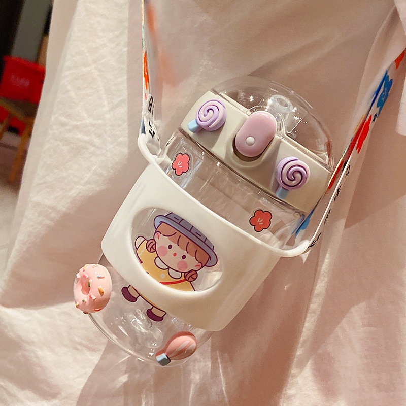 Bình nước cute có ống hút 380ml bình nước trẻ em đi học đi chơi có dây đeo tặng kèm sticker B4
