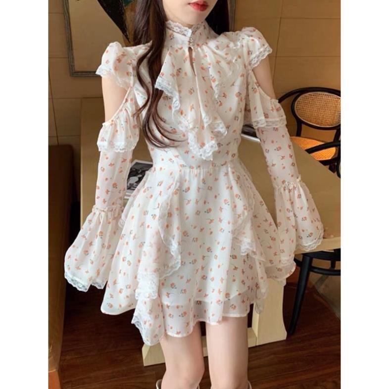 HÀNG ĐỘC QUYỀN QC Đầm váy nữ hoa vintage ulzzang tay dài loe khoét tiểu thư xoè