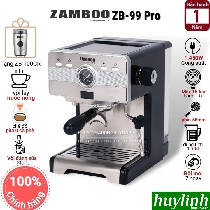 [Mã ELHAMS5 giảm 6% đơn 300K] Máy pha cà phê gia đình Zamboo ZB-99PRO - Tặng máy xay cafe ZB-100GR