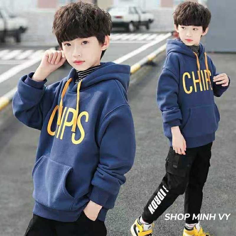 Áo Hoodie nỉ lót lông cho bé trai, bé gái 12- 38kg - CHIPS