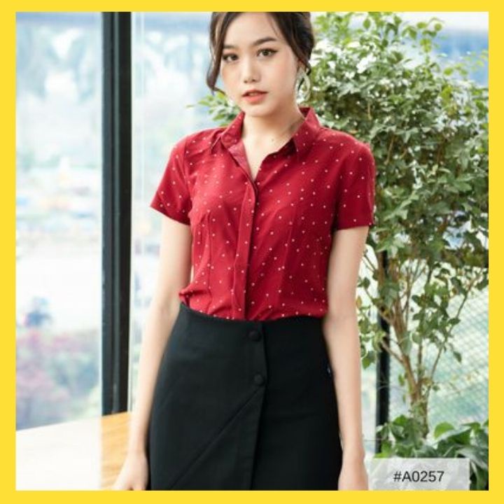 Áo Sơ Mi Nữ Đẹp Họa Tiết Chấm Bi Đẹp Cộc Tay Cổ Đức Vải Lụa Mc Fashion A0257