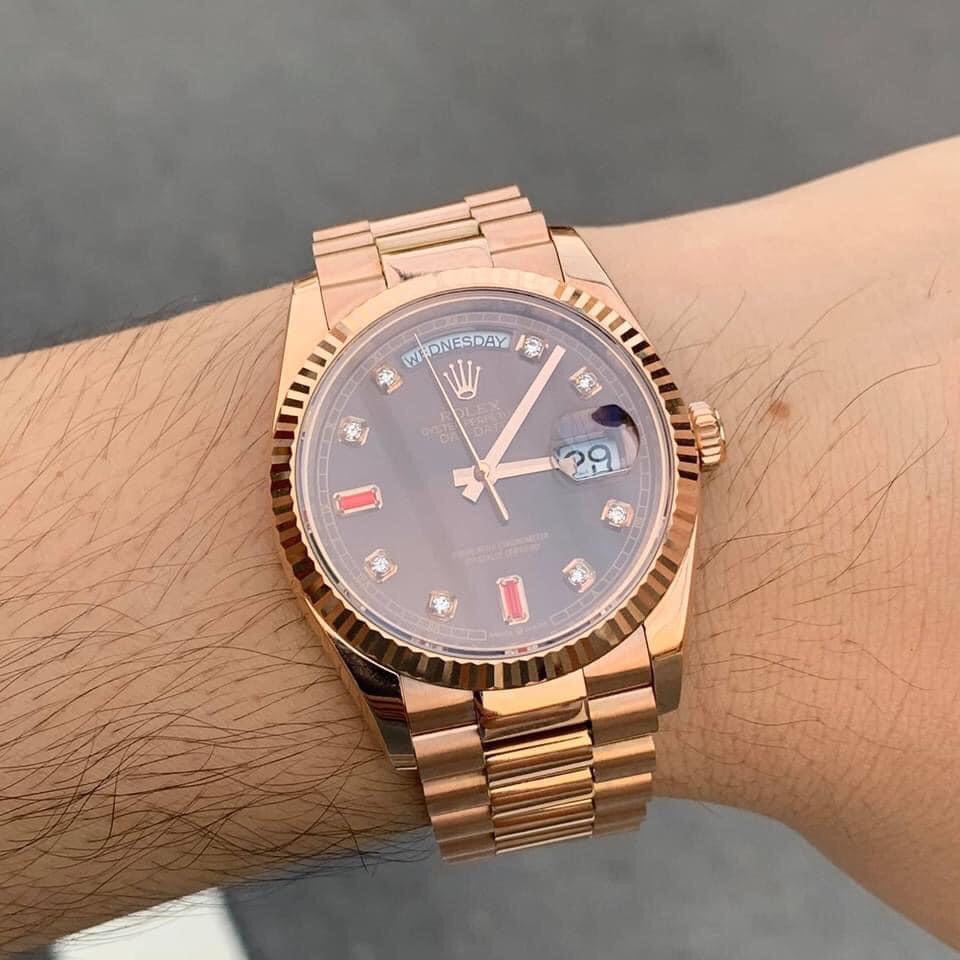 Đồng hồ nam Rolex cơ Automatic máy Nhật mẫu Classic 2 lịch màu nâu cafe, viền và dây vàng hồng size 39-40mm