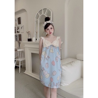 Đầm Ngủ, Đầm Lụa Dây Phối Nơ Chất Lụa Dễ Thương - Dáng Chữ A