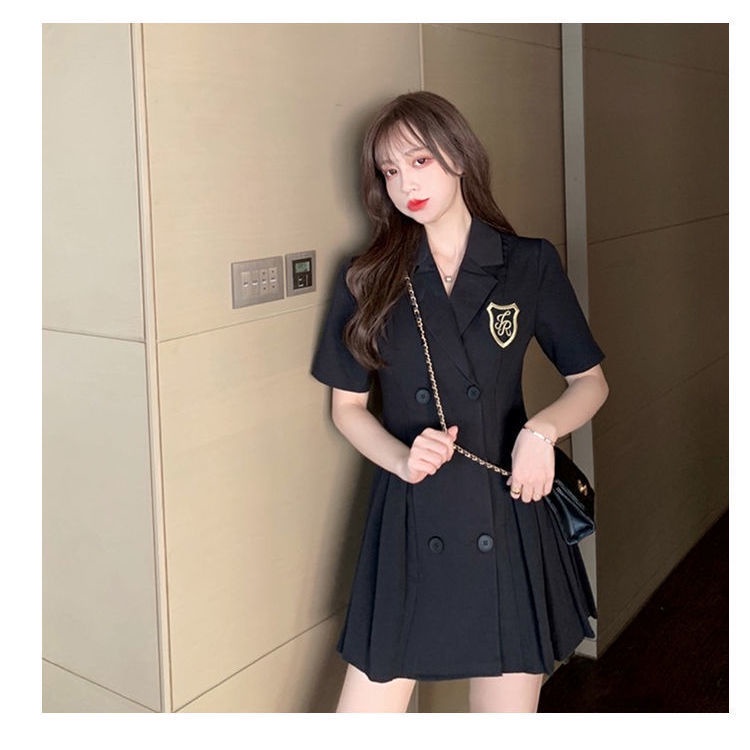 Chân váy ngắn xếp ly hai hàng nút màu đen thời trang mùa hè cho nữ