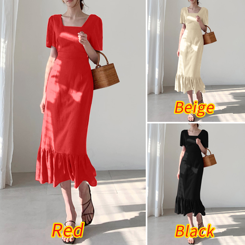Đầm ZANZEA Ngắn Tay Cổ Vuông Ôm Dáng Phối Bèo Thanh Lịch Cho Nữ