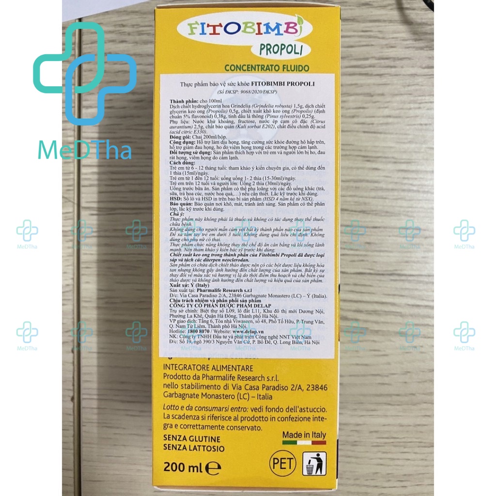 Fitobimbi Propoli - Hỗ Trợ Giảm Đau Rát Họng, Giảm Ho, Cảm Lạnh, Tăng Sức Đề Kháng, Miễn Dịch (Lọ 200ml) [Chính Hãng]
