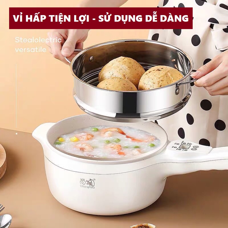 Nồi điện đa năng SHANGHOU mini chống dính có tay cầm - Bếp điện 2 tầng dùng để nấu, hấp, chiên, xào - Công suất 600W