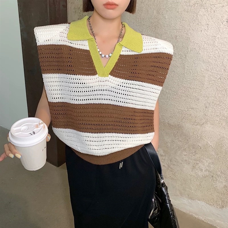 áo len lưới dệt kim độn vai kiểu cổ đức sọc kẻ