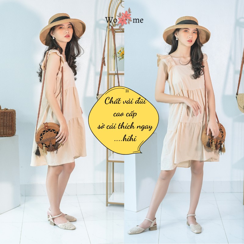 Váy babydoll vải đũi cổ vuông cánh tiên dáng xòe suông đầm đi biển, đi chơi, đi làm hàng cao cấp VBD