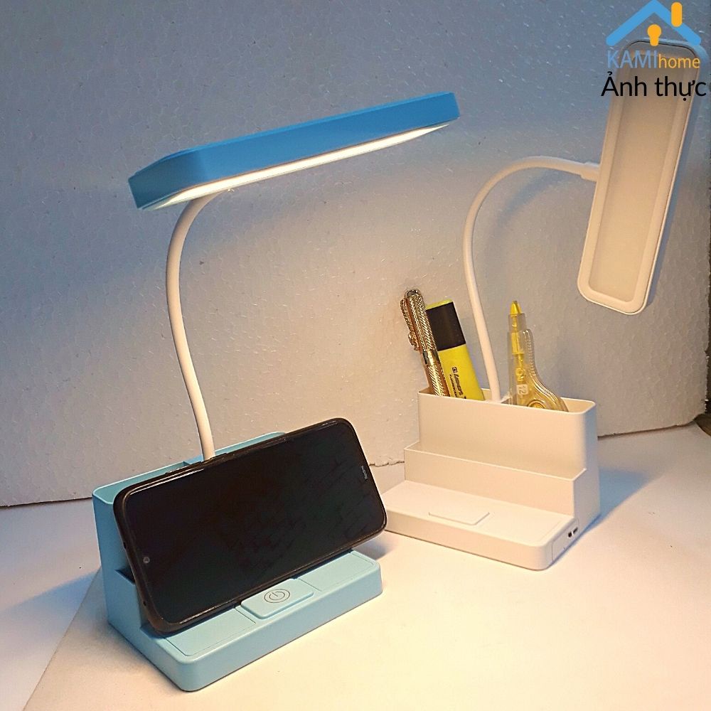 Đèn học để bàn sạc tích điện chống cận thị cho trẻ em có Giá kê điện thoại và cắm bút hình Vuông KM 36024a
