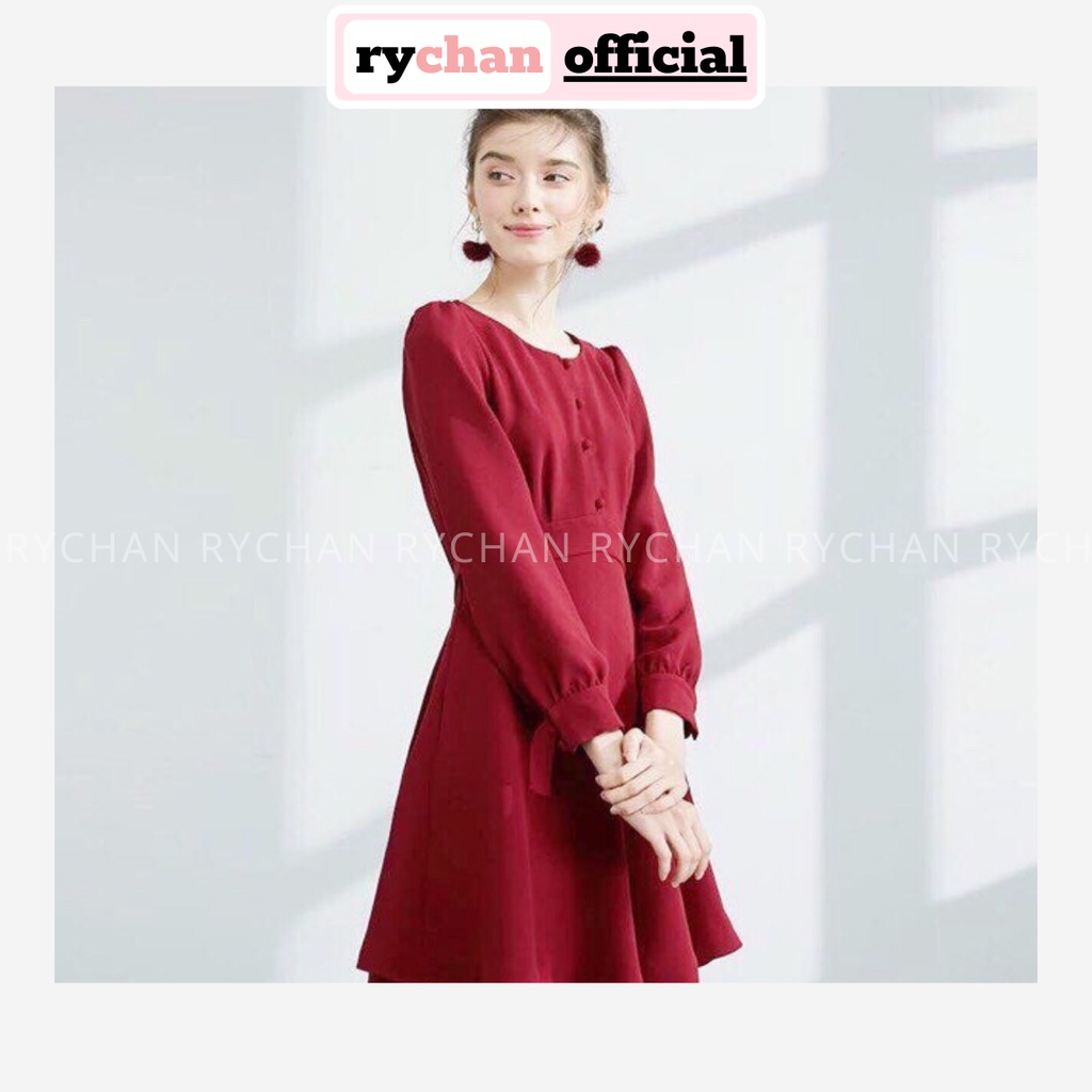 DX028 - Đầm Xòe Đỏ Phối Nút Bọc Tay Dài Đầm Đi Tiệc