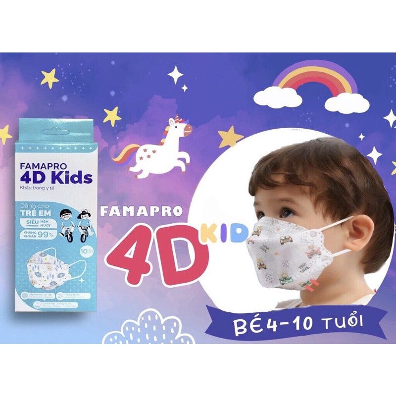 Khẩu trang trẻ em 3 lớp Famapro 4D (10 cái/hộp)