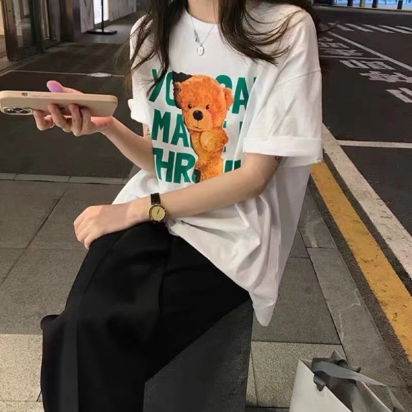 Áo thun gấu chữ Thr onesize unisex - Phông cổ tròn cộc tay form suông vintage oversize nam nữ - Chất thun đẹp
