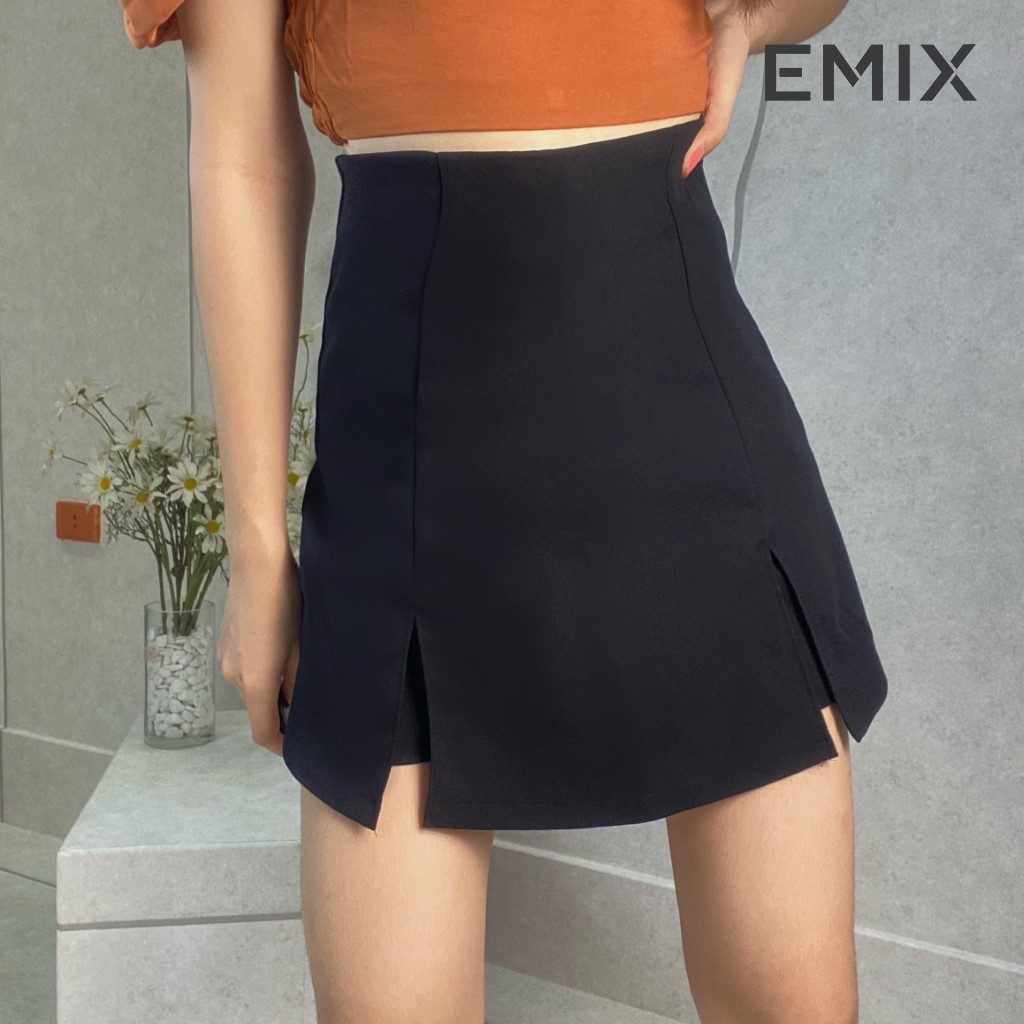 Quần giả váy xẻ 2 bên EMIX (màu đen), dáng ngắn, cạp cao, có khóa, xẻ bên, chất tuyết mưa mềm mịn, không lộ 308 | BigBuy360 - bigbuy360.vn