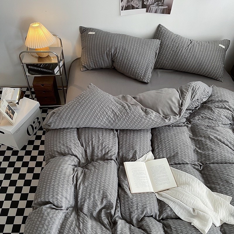 Set chăn ga 4 món cotton đũi dúm kẻ sọc
