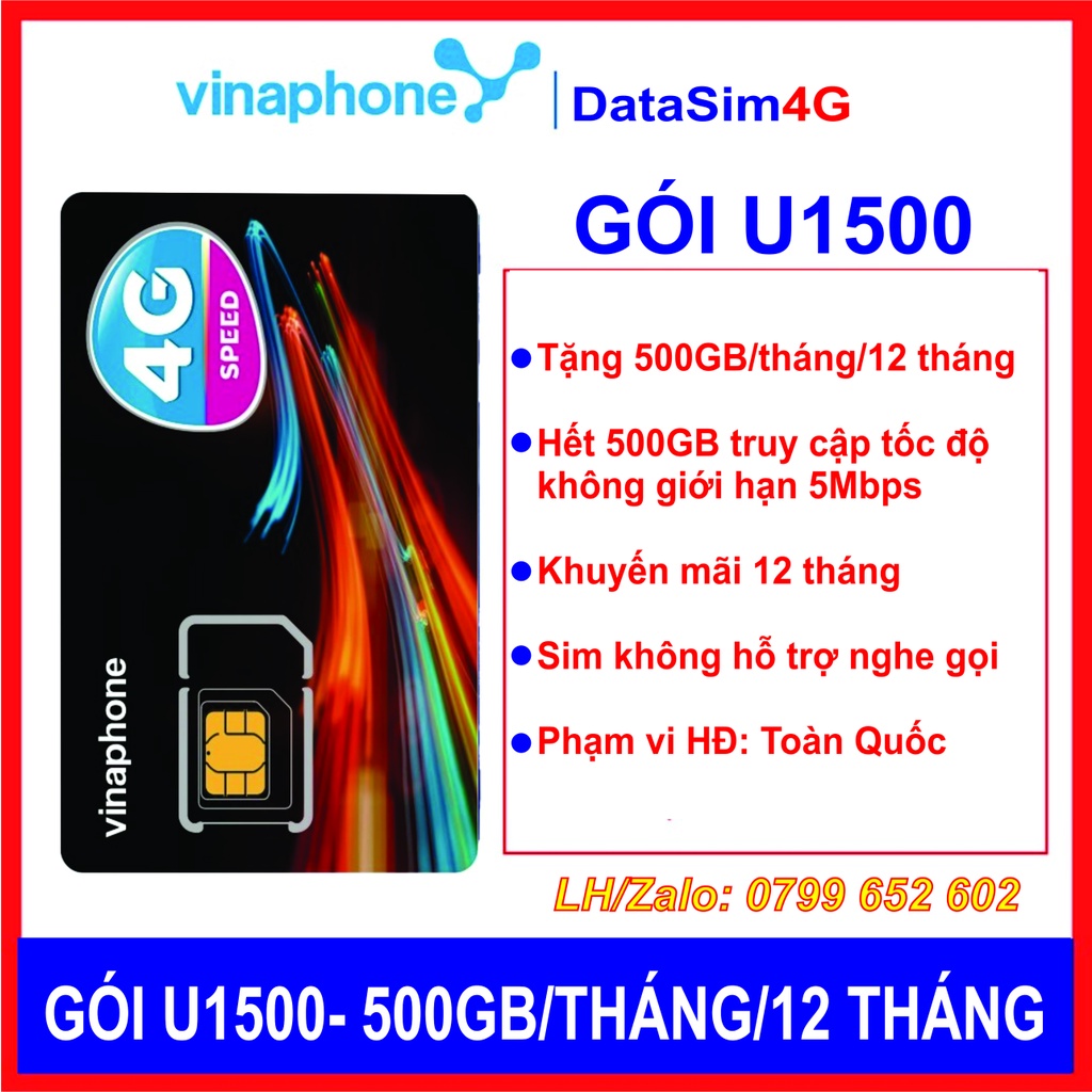 Sim 4G/5G Vinaphone U1500 Trọn Gói 12 tháng có 500gb/tháng