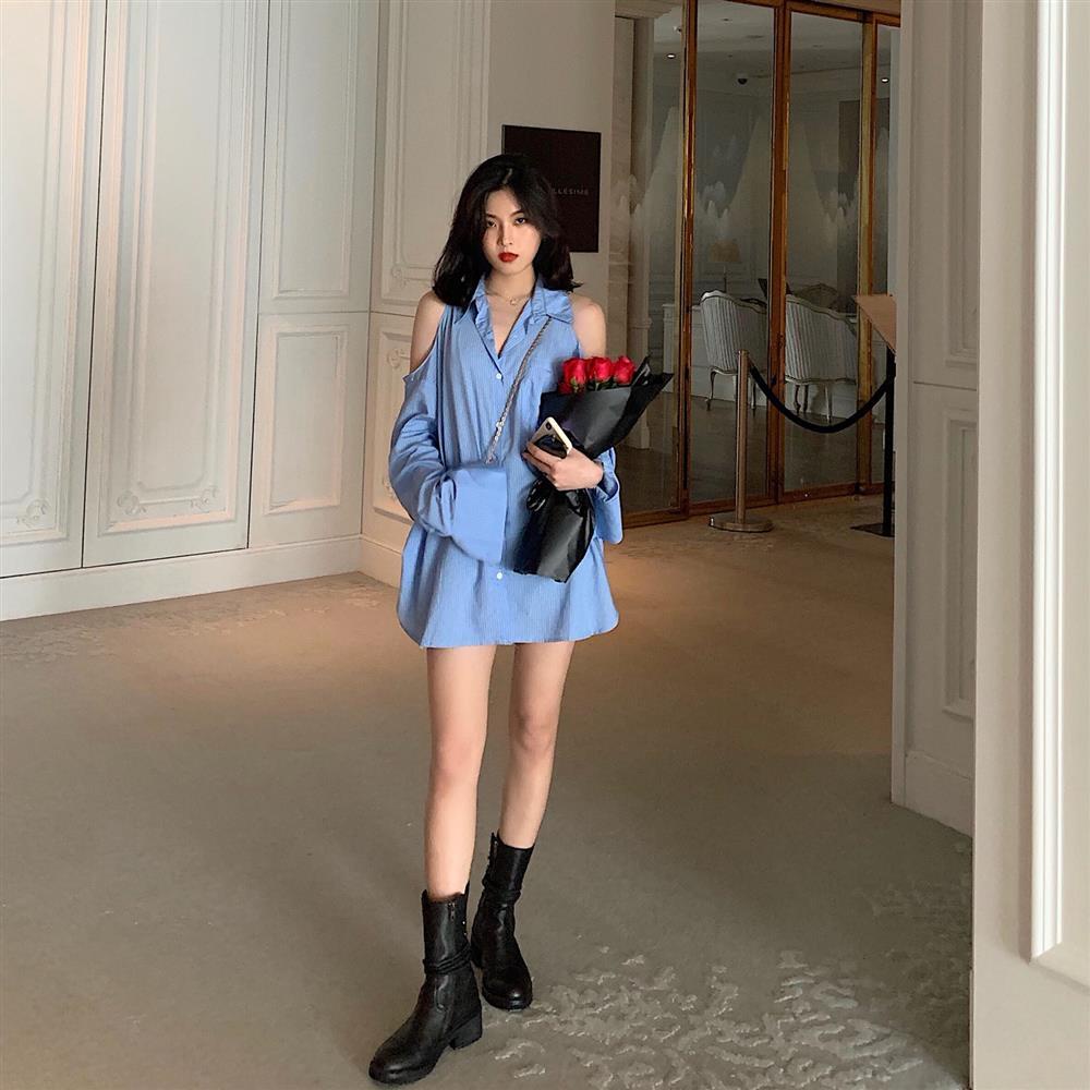 Áo sơ mi dài tay hở vai họa tiết kẻ sọc phong cách mùa hè trẻ trung dành cho nữ