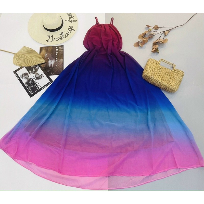 [CÓ HÌNH THẬT] ĐẦM MAXI LOANG OMBRE CỔ YẾM HỞ LƯNG SIÊU ĐẸP