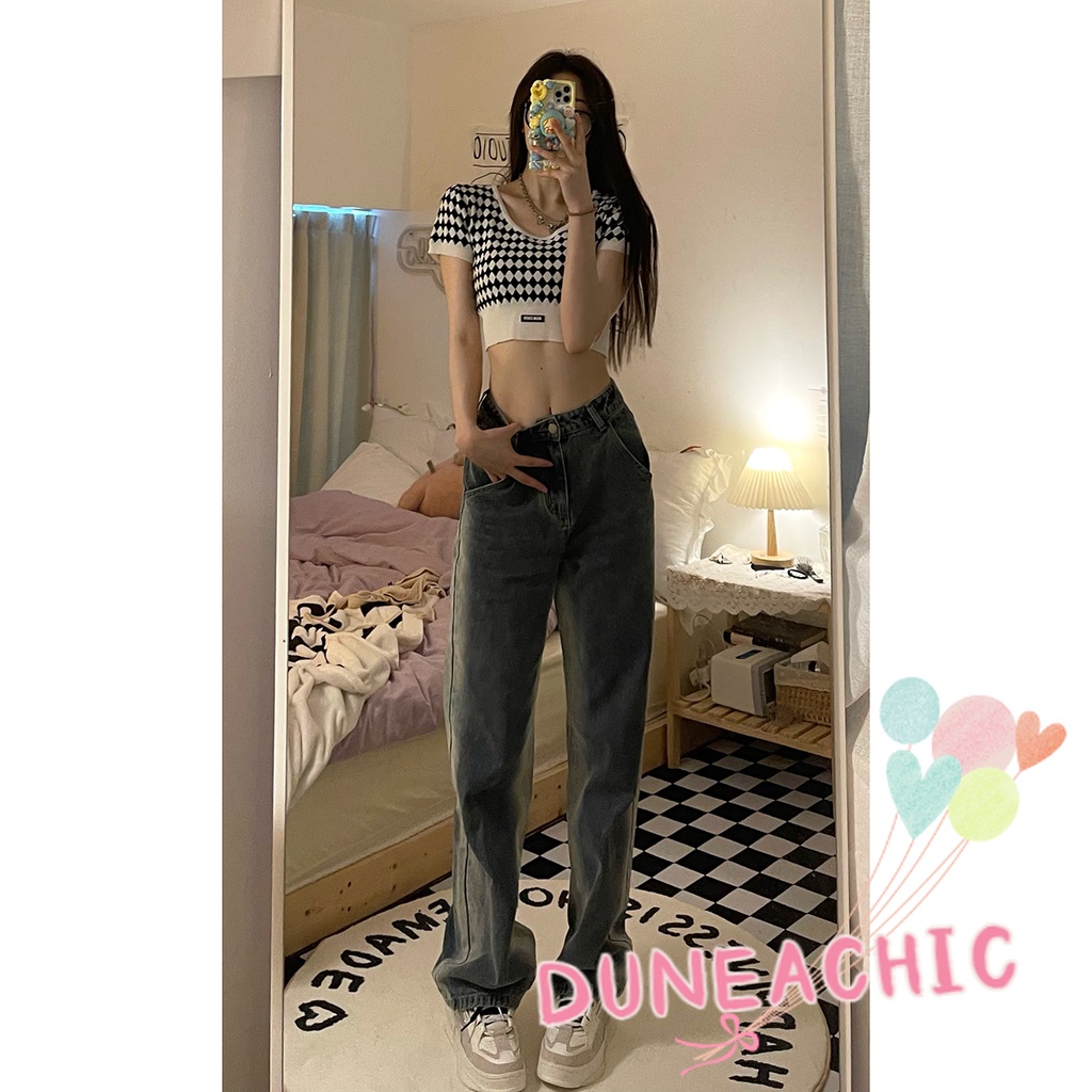 DUNEA Áo Len Tay Ngắn Họa Tiết Sọc Caro Thời Trang Cho Nữ