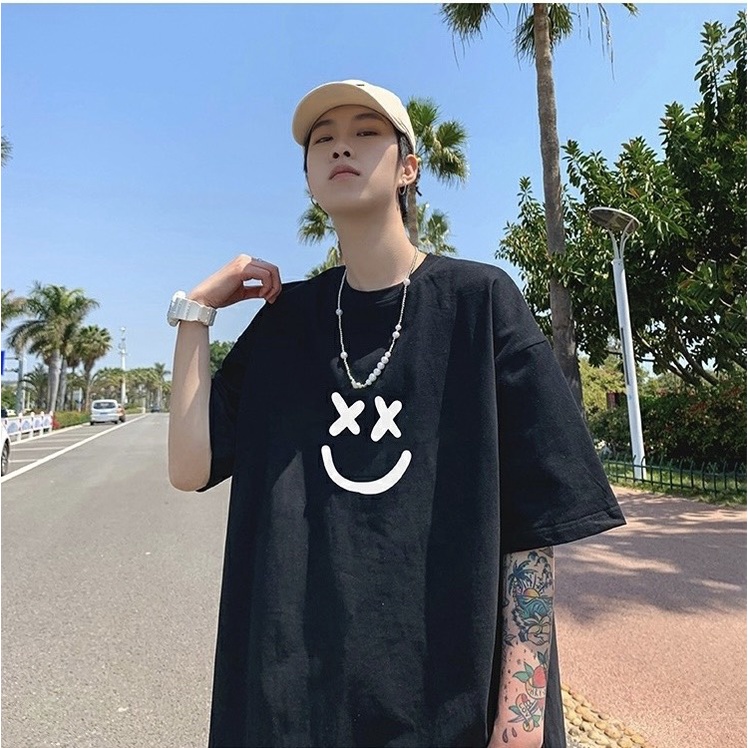 Áo thun unisex tay lỡ form rộng , áo phông nam nữ form rộng chất cotton mát mịn thấm hút mồ hôi in hình mặt cười DH005