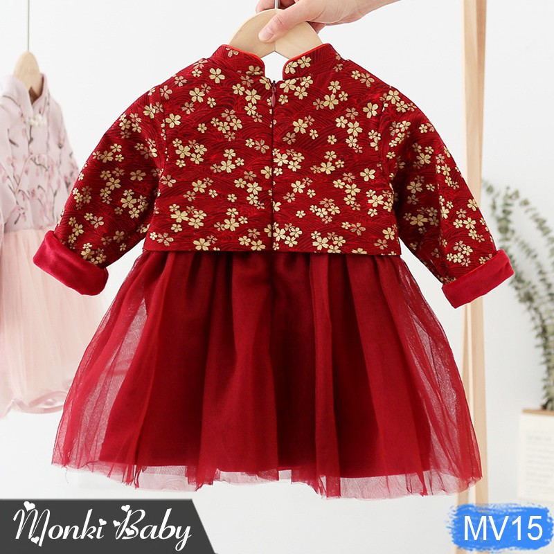SALE TẾT - Váy nhung lót lông mịn cho bé gái, màu đỏ mận in hoa nhí nhũ vàng sang trọng, đầm trẻ em đẹp Tết 2021 | MV15