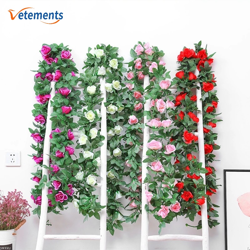 Dây Hoa Hồng Nhân Tạo Bằng Vải Lụa Và Nhựa Nhiều Màu Dài 2.4m Treo Tường Trang Trí
