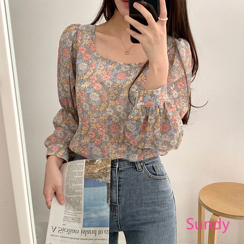 Áo sơ mi cổ vuông tay dài dáng rộng phong cách mùa thu cho nữ