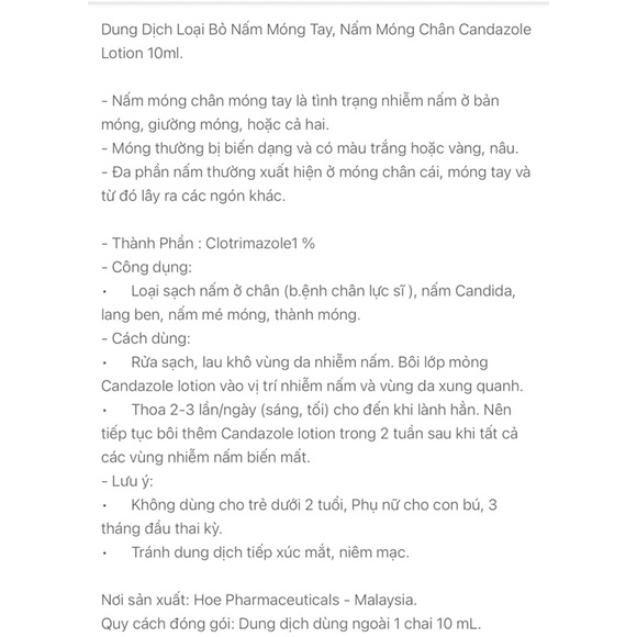 Dung Dịch Loại Bỏ Nấm Móng Tay, Móng Chân Candazole Lotion chai 10ml.