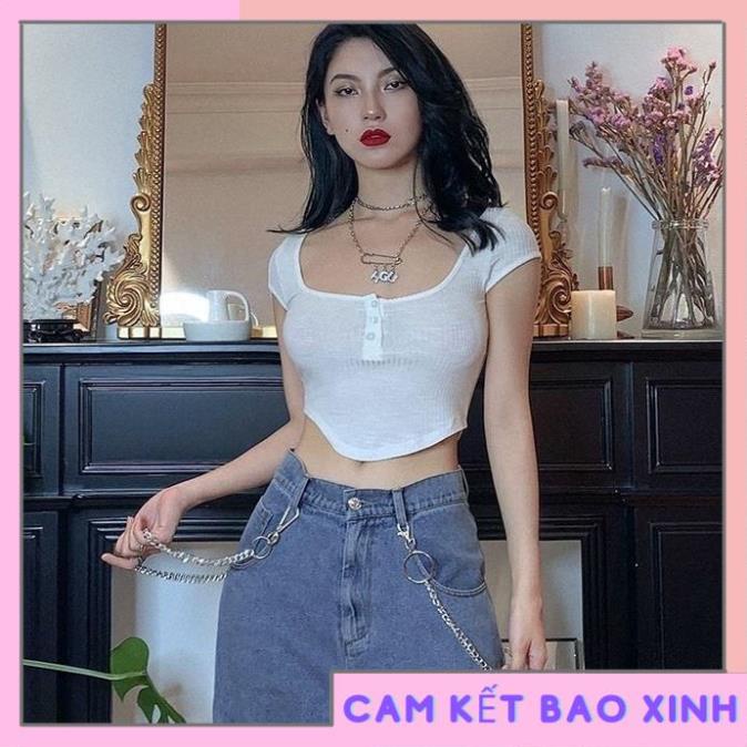 Áo croptop nữ cổ vuông kiểu cài cúc phối hoa , cầu vòng [Hàng Đẹp]