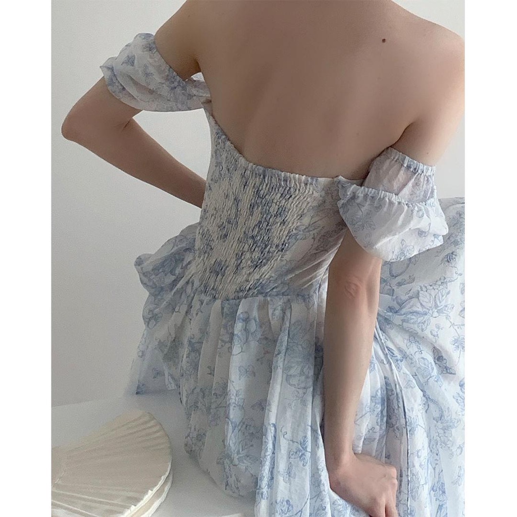 Đầm tay phồng cổ vuông họa tiết hoa thời trang mùa hè mới xinh xắn cho nữ