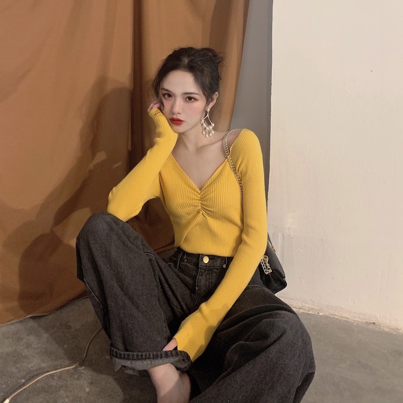 Áo Sweater Tay Dài Cổ Chữ V Form Ôm Phong Cách Hàn Quốc Dễ Phối Đồ Với 8 Màu Lựa Chọn | BigBuy360 - bigbuy360.vn